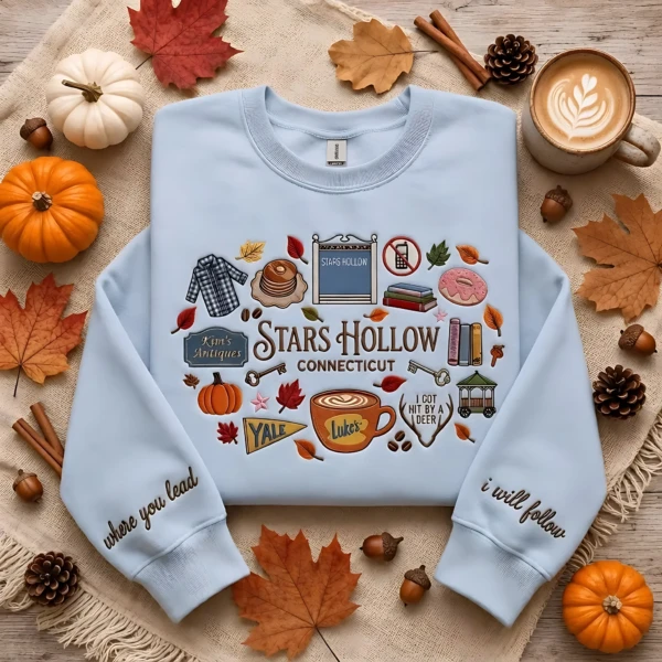 Stars Hollow Embroidered Crewneck Sweatshirt, Autumn Gift Sand Gilmore Fans