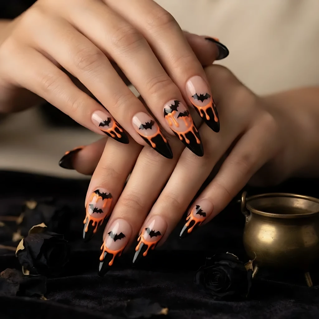 Black and Orange Bat Silhouette with Drip Accents, Gothic Press On Nails, Spooky Season Fashion