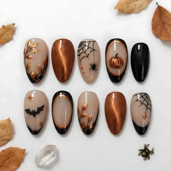 Black Copper Pumpkin Spider Web Bat Art, Handcrafted Press On Nails, Cute Spooky Halloween Set