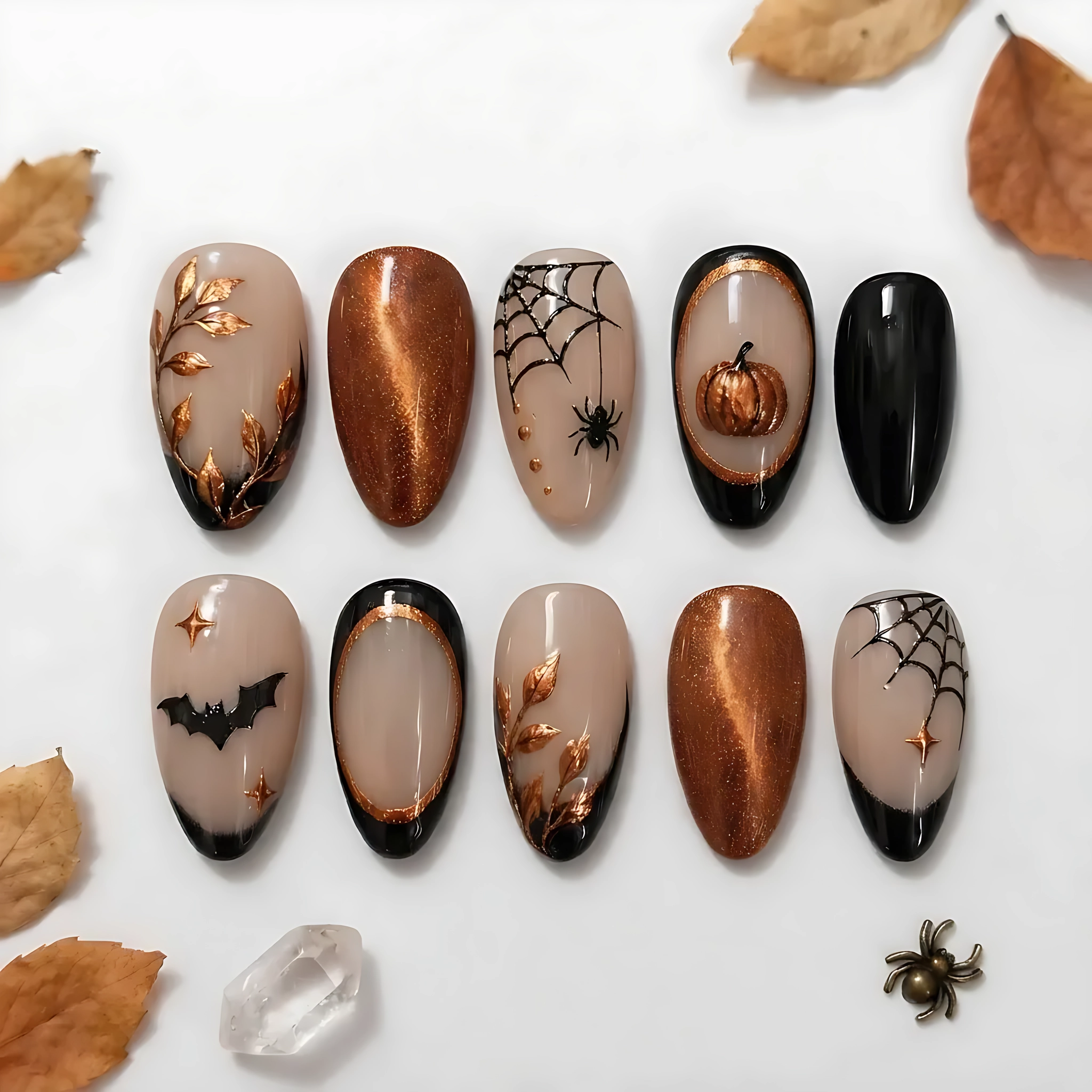 Black Copper Pumpkin Spider Web Bat Art, Handcrafted Press On Nails, Cute Spooky Halloween Set
