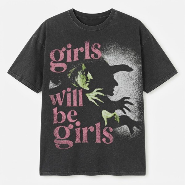 Girls Will Be Girls Vintage Witch Distressed Graphic, T-Shirt, Pink Goth Tee
