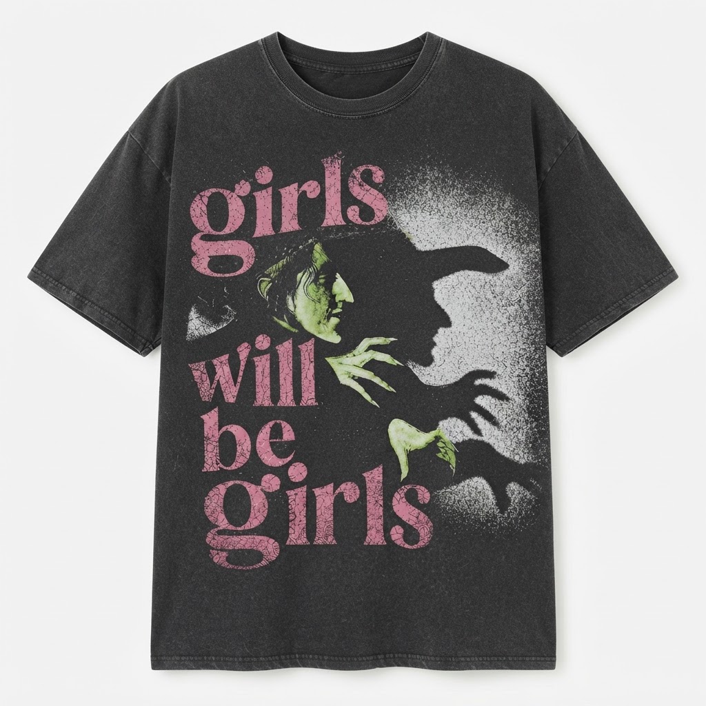 Girls Will Be Girls Vintage Witch Distressed Graphic, T-Shirt, Pink Goth Tee