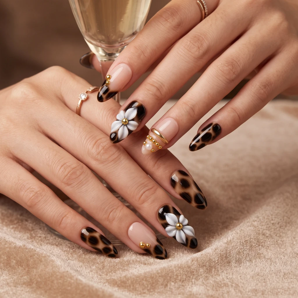Brown Tortoise Shell 3D Flower Pearls, Long Almond Nails, Fall Party Glam