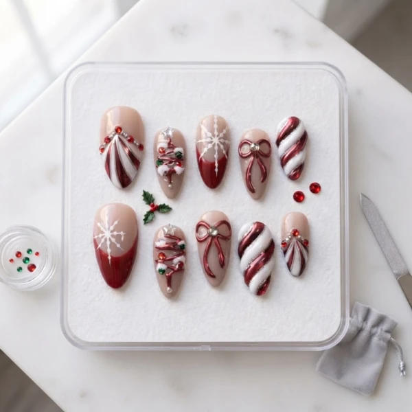 Red White Holiday Christmas Art, Almond Press On Nails, Winter Party Manicure