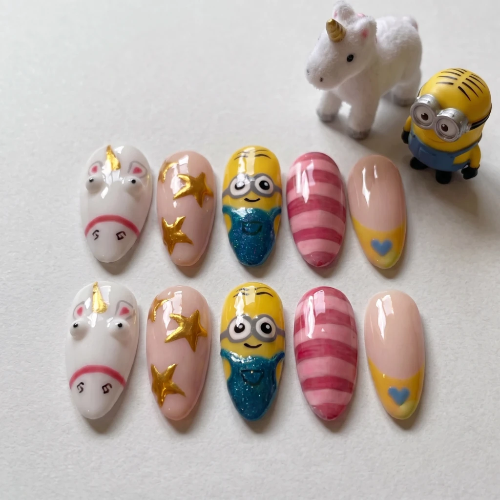 Yellow Minion Unicorn Painted, Almond Press On Nails, For Daily Cosplay Wear