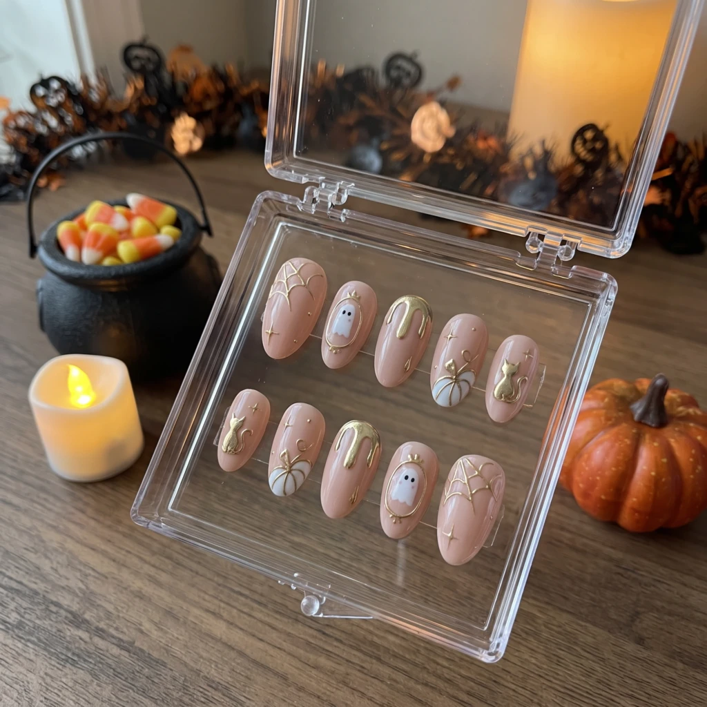 Pink Chrome Ghost Pumpkin Spider Web, Press On Nails, Spooky Halloween Party