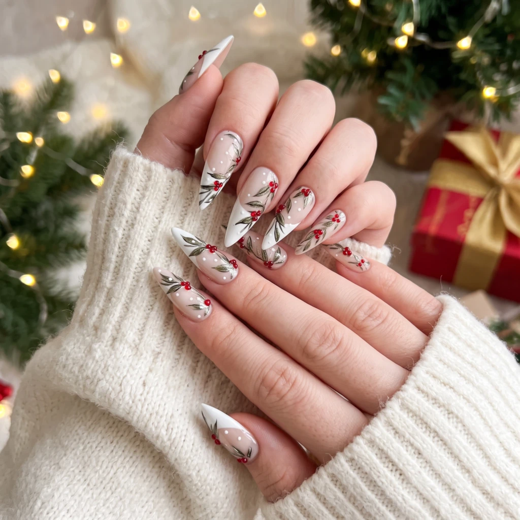White Mistletoe Leaves, French Tip Stiletto Nails, Christmas Holiday Gift