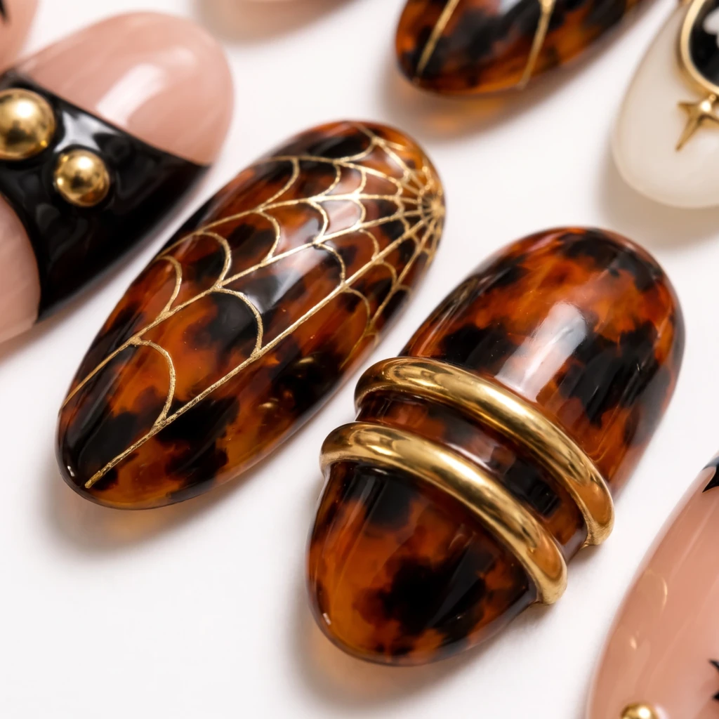 Tortoiseshell Ghost And Spiderweb, Almond Press On Nails, Halloween Party