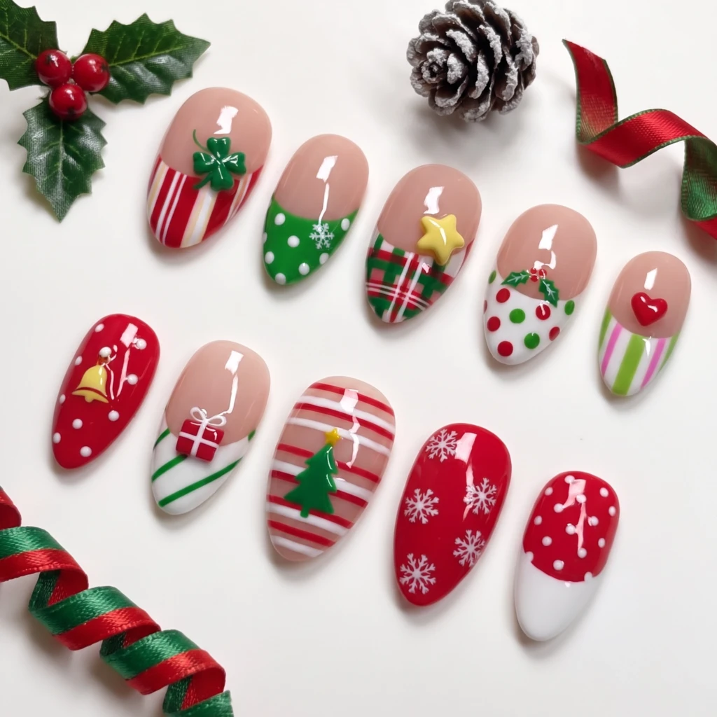Red And Green 3D Christmas Tree Art, Press On Nails, Holiday Winter Party