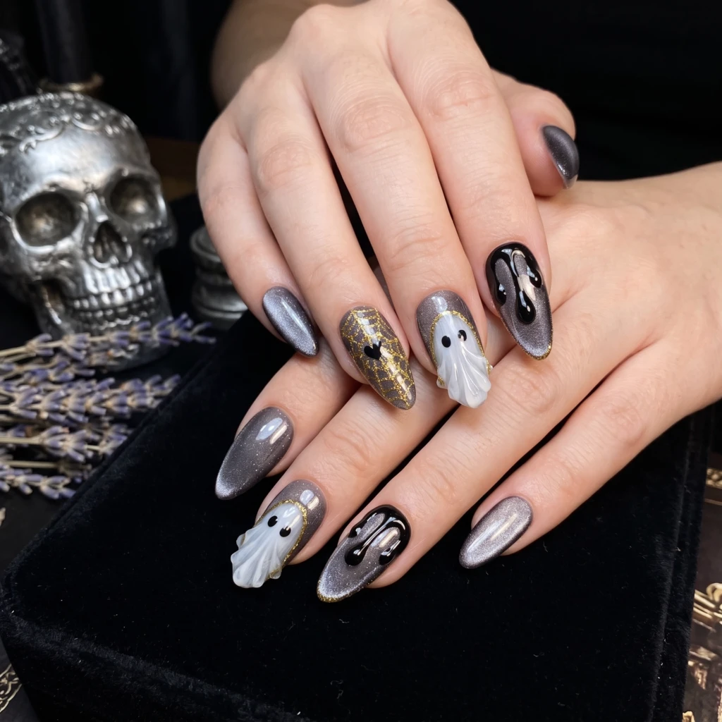 Grey Ghost And Spiderweb, Gothic Cat Eye Press On Nails, Halloween Gift