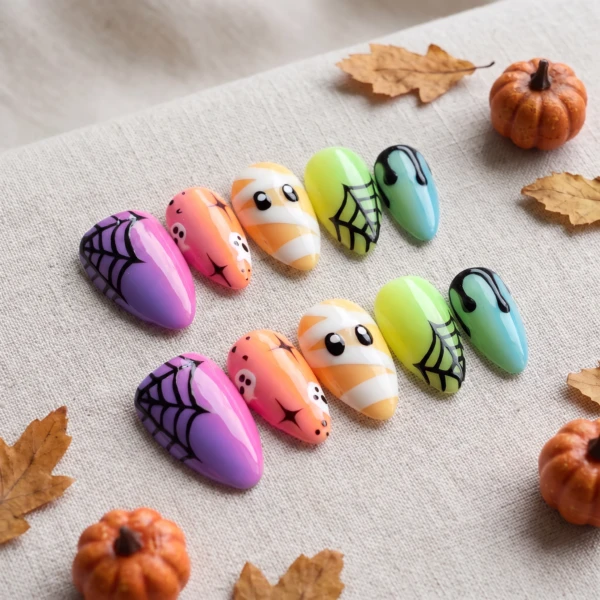 Colorful Spooky Halloween Ghost Mummy Art, Almond Press On Nails, Party Wear