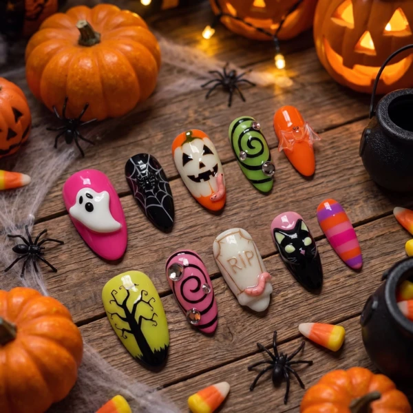 Colorful 3D Halloween Ghost Pumpkins, Press On Nails, Spooky Costume Party