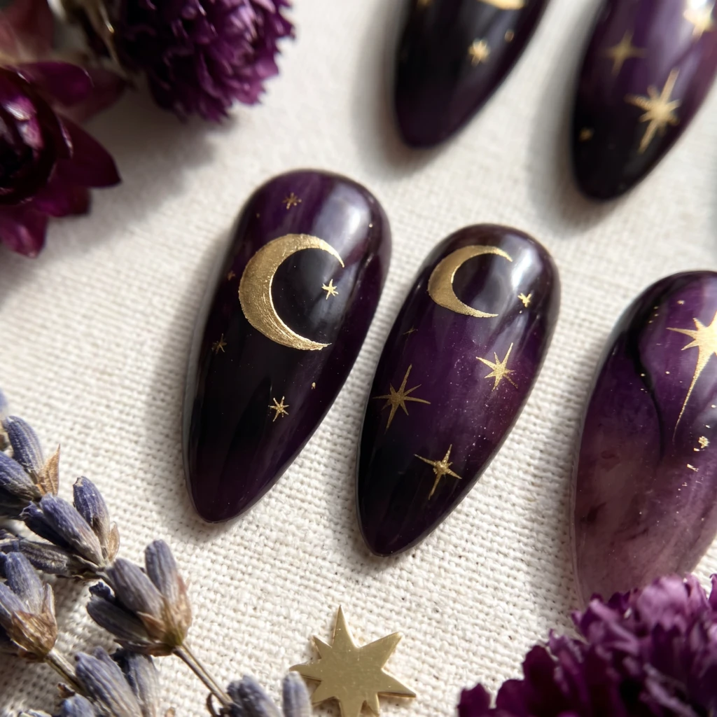 Dark Purple Gold Star And Moon, Gothic Press On Nails, Night Party Gift Idea