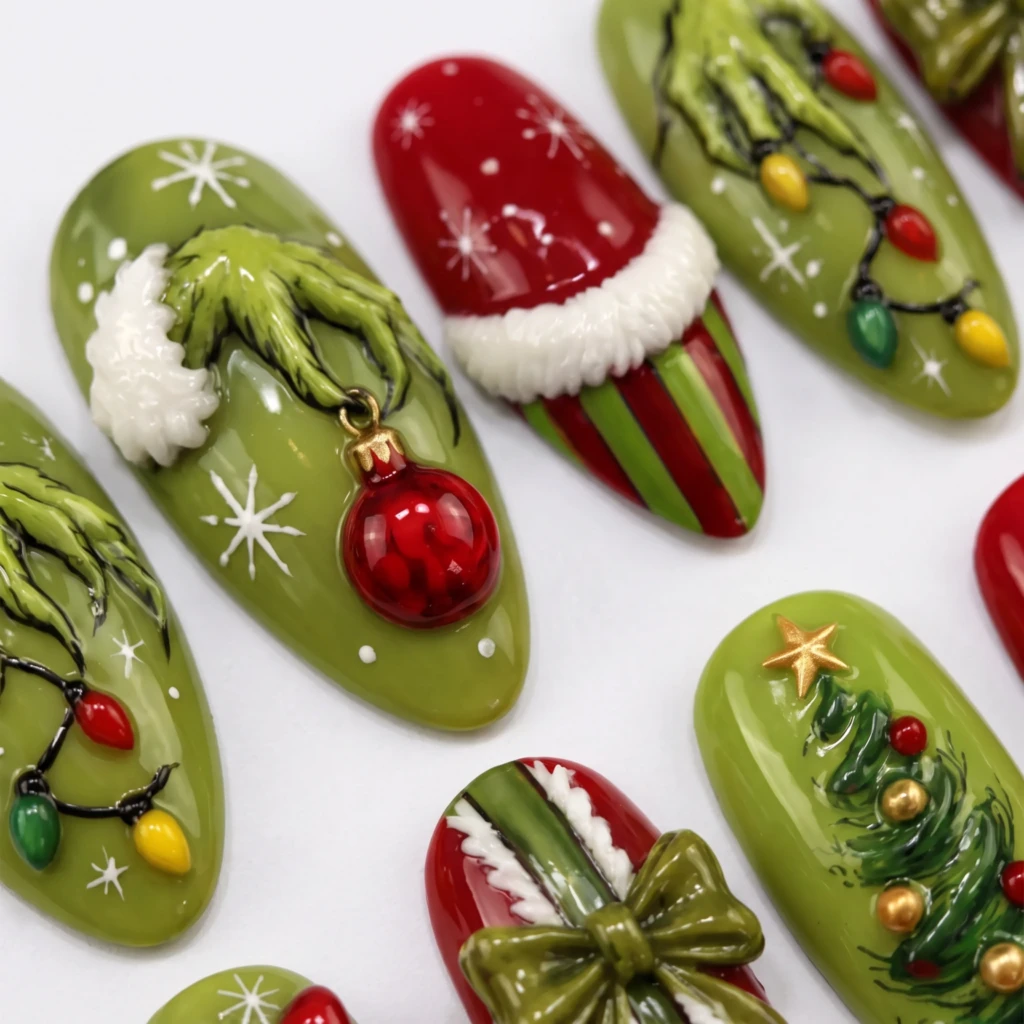 Green And Red Christmas Bow Tree Art, Press On Nails, Holiday Party Gift