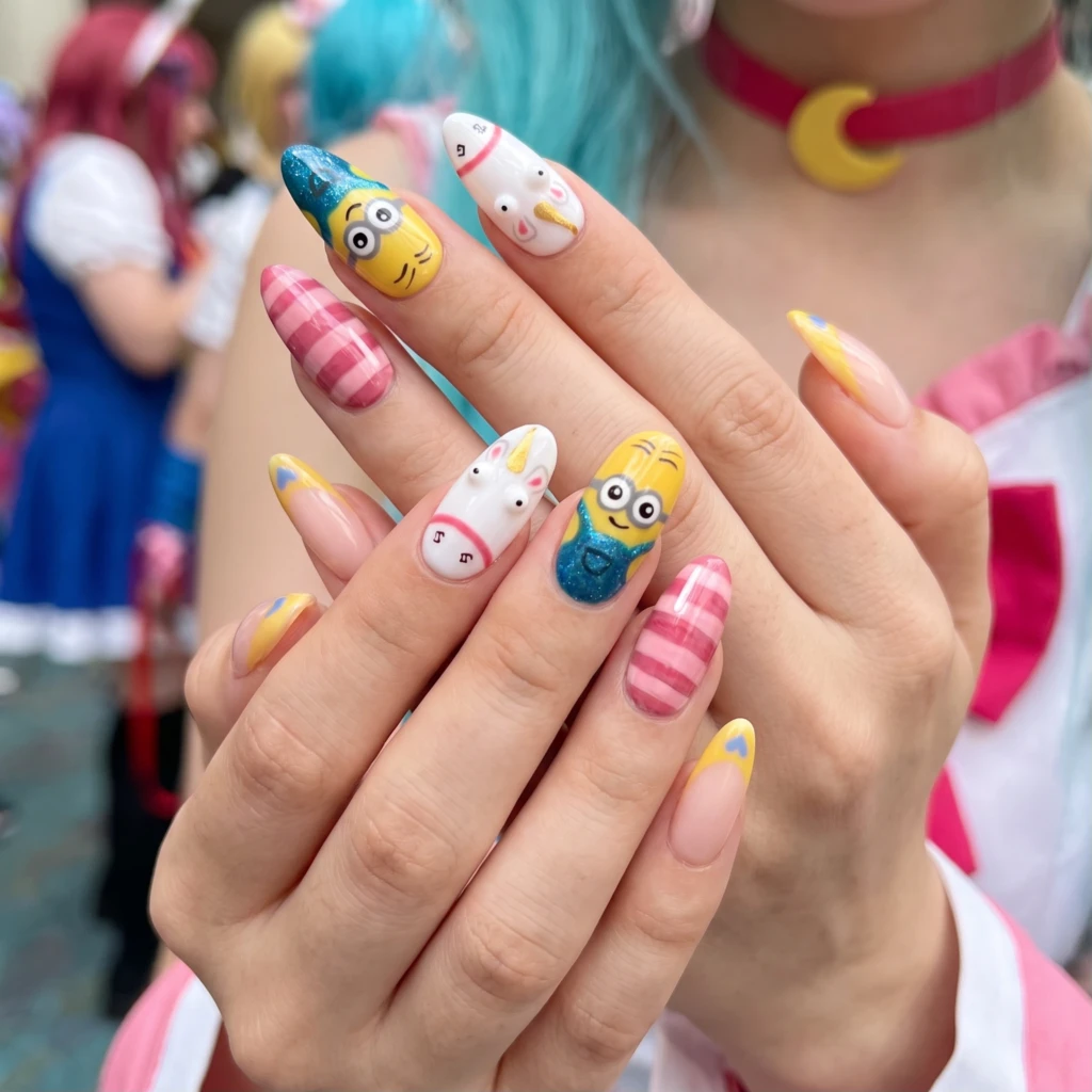 Yellow Minion Unicorn Painted, Almond Press On Nails, For Daily Cosplay Wear