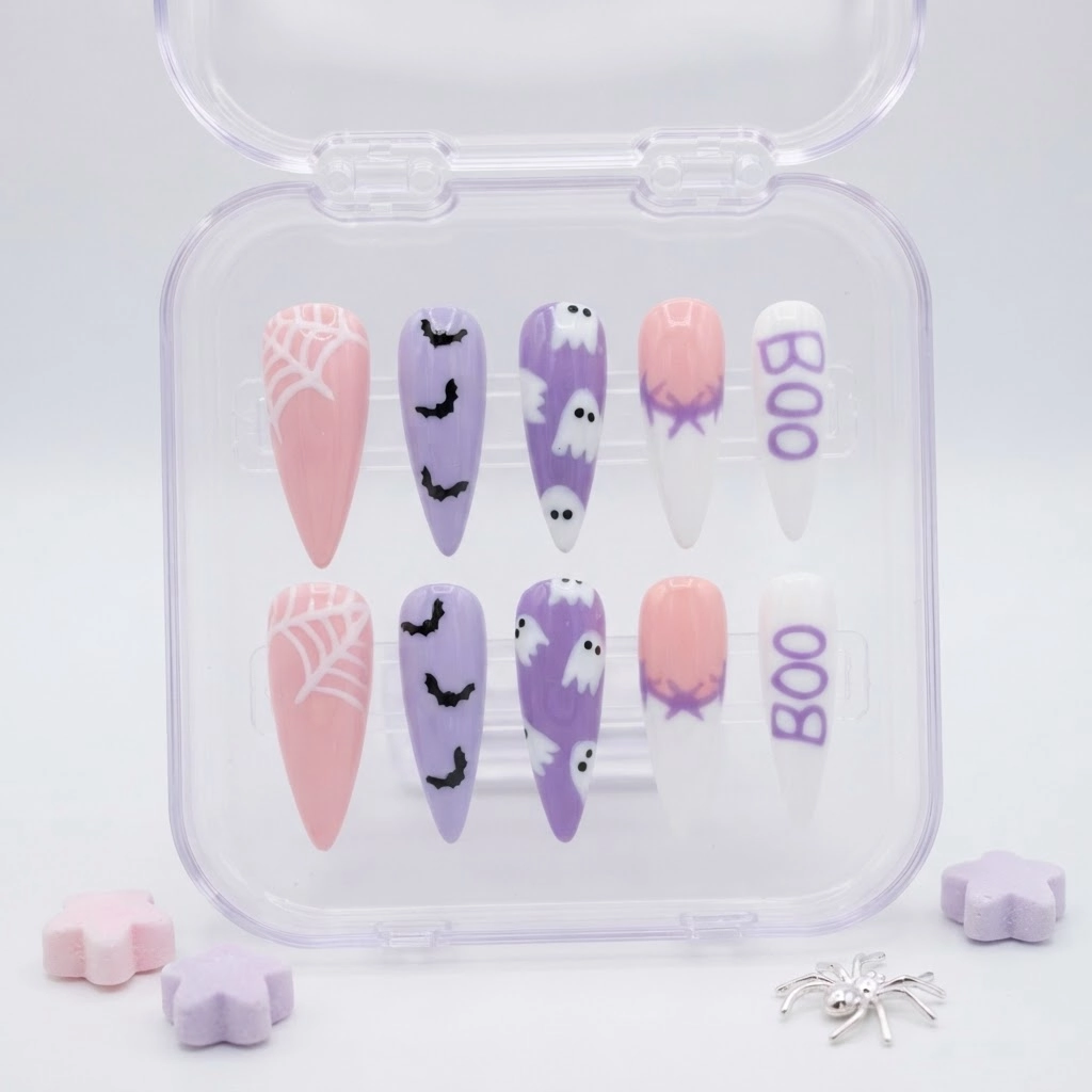 Pastel Pink And Purple Ghost Bat, Stiletto Press On Nails, Halloween Manicure