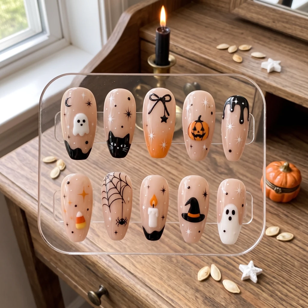 Nude Ghost Pumpkin Cat Art, Handmade Press On Nails, Halloween Party Wear
