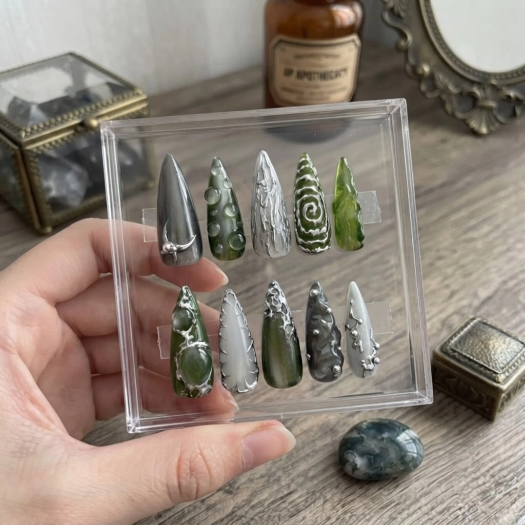 Green Chrome Gothic 3D Metallic, Long Stiletto Nails, Dark Fairycore Gift