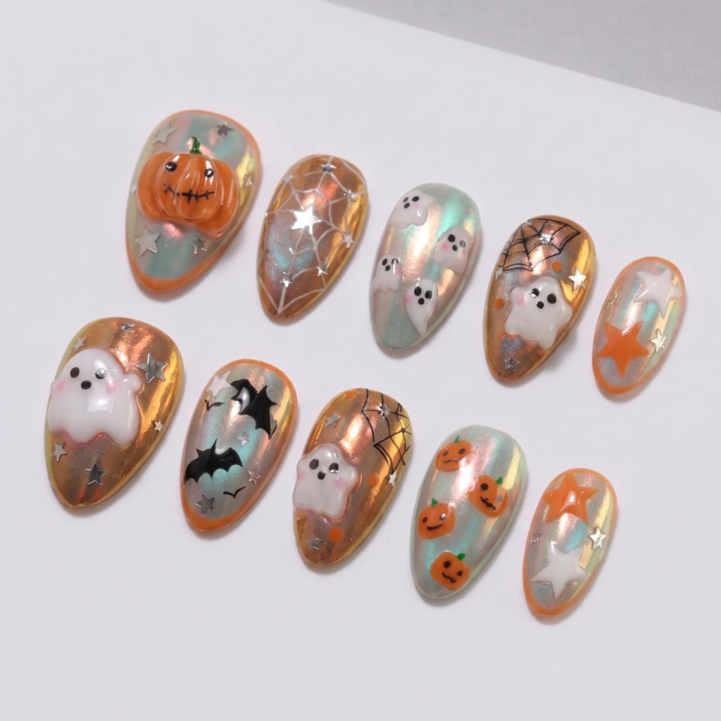 Orange Green 3D Ghost Pumpkin, Medium Almond Nails, Kawaii Halloween Nail Art