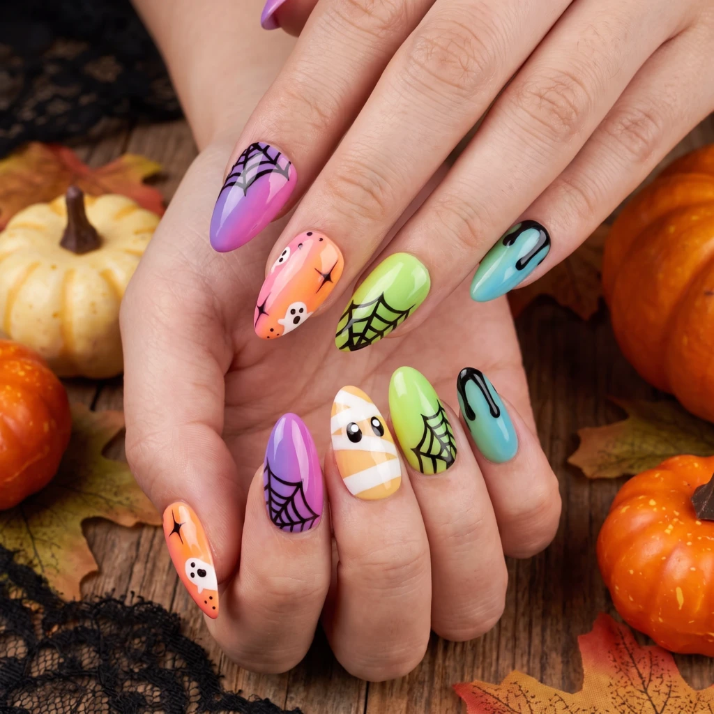 Colorful Spooky Halloween Ghost Mummy Art, Almond Press On Nails, Party Wear