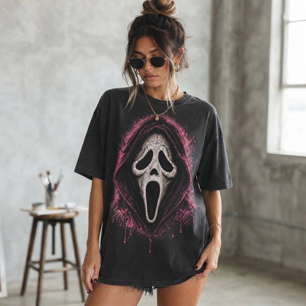 Ghostface Pink Paint Splatter Mask Design, Oversized Tee, Spooky Goth Halloween