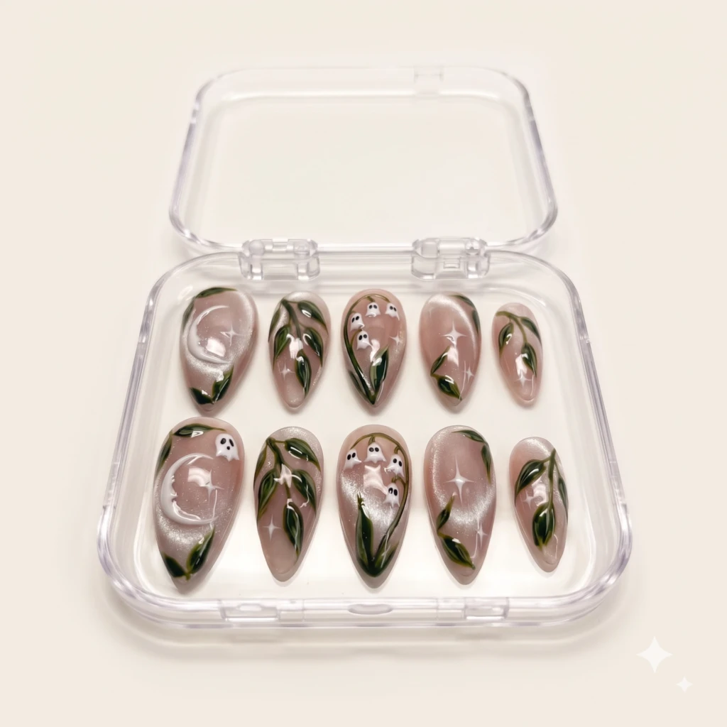 Nude Shimmer Ghost Lily Valley, Almond Press On Nails, Halloween Gift Set
