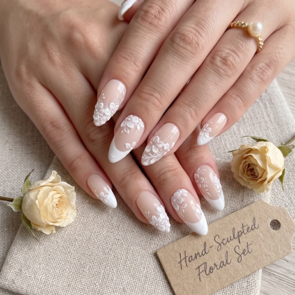 White 3D Floral French Tips, Almond Press On Nails, Bridal Wedding Manicure