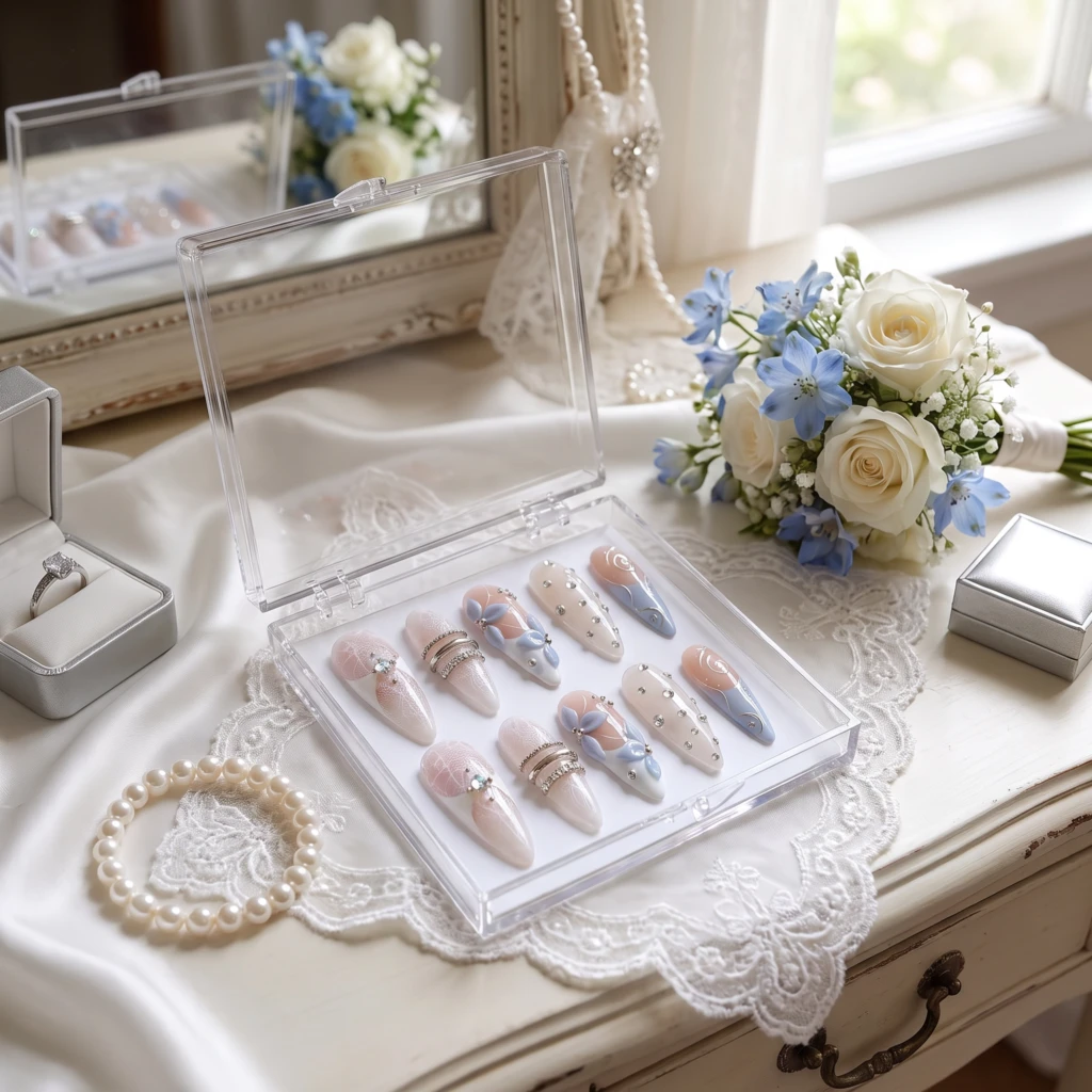 Blue Lace Floral Rhinestone Accents, Press On Nails, Bridal Wedding Wear