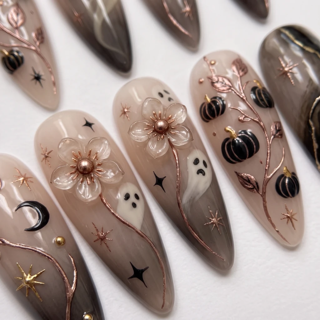 Rose Gold And Black Ghost Pumpkin, Press On Nails, Halloween Party Wear
