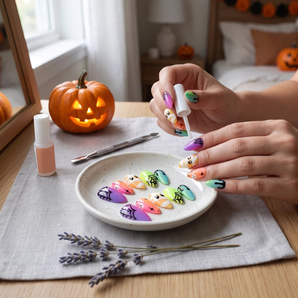 Colorful Spooky Halloween Ghost Mummy Art, Almond Press On Nails, Party Wear