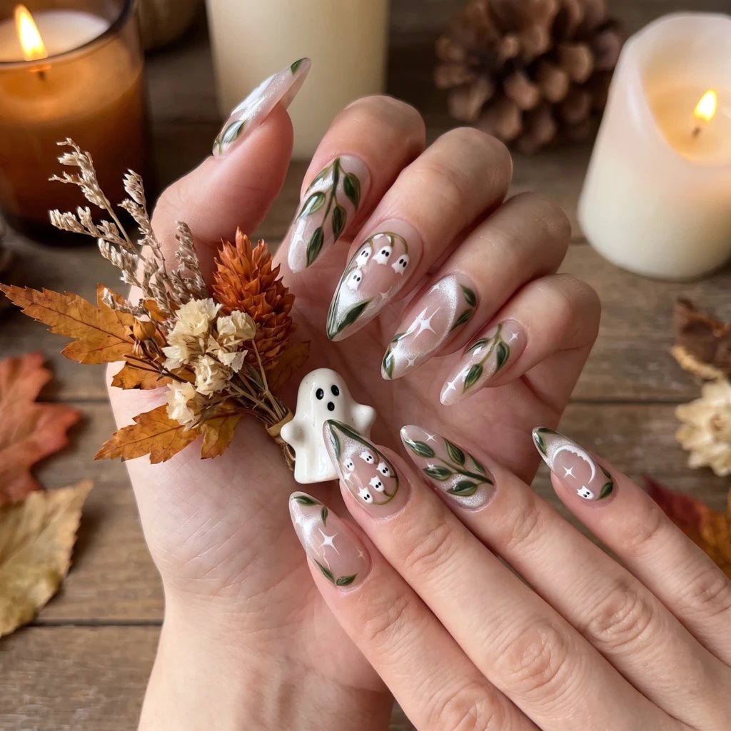 Nude Shimmer Ghost Lily Valley, Almond Press On Nails, Halloween Gift Set