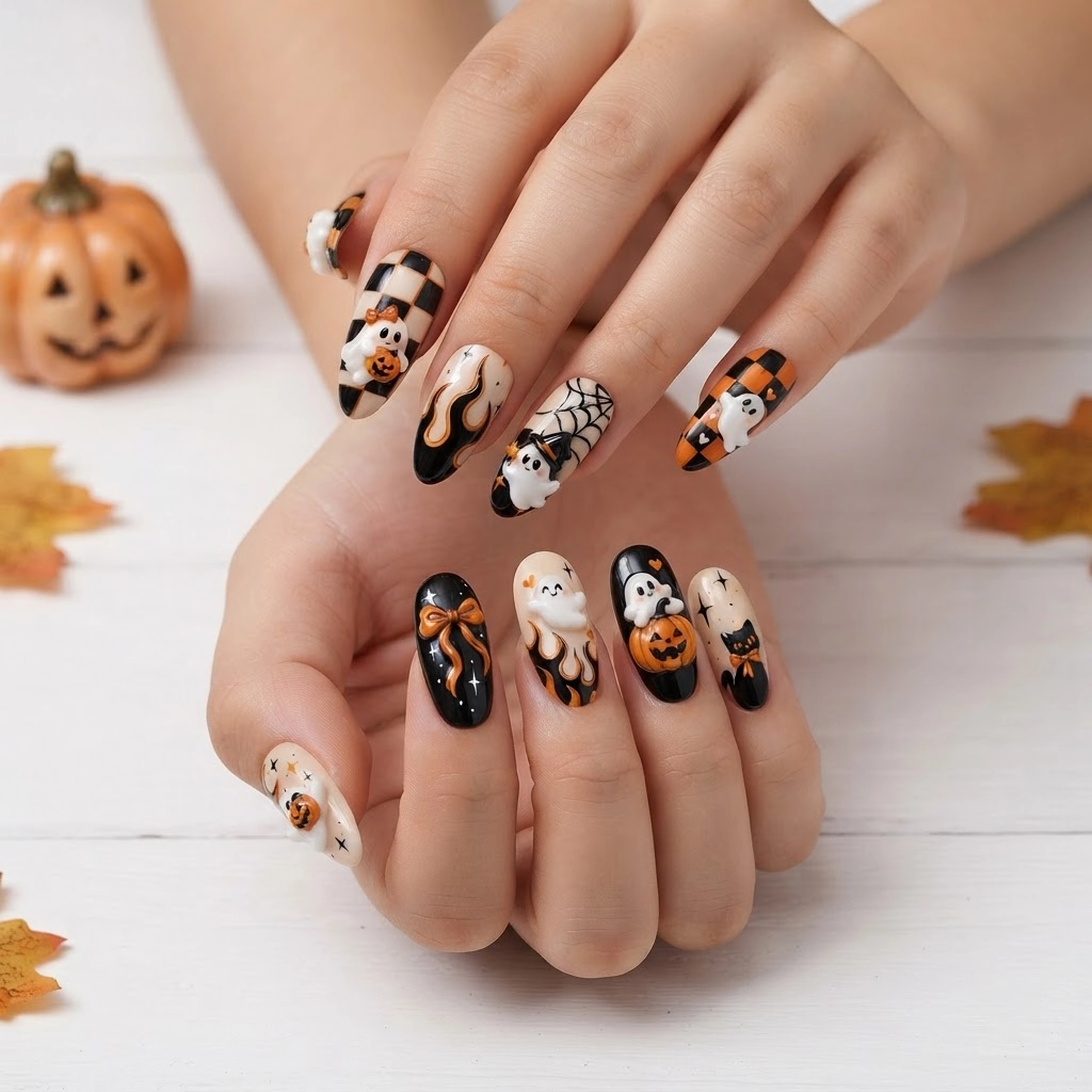 Black And Orange Ghost Pumpkin Spider Web Art, Press On Nails, Halloween Party