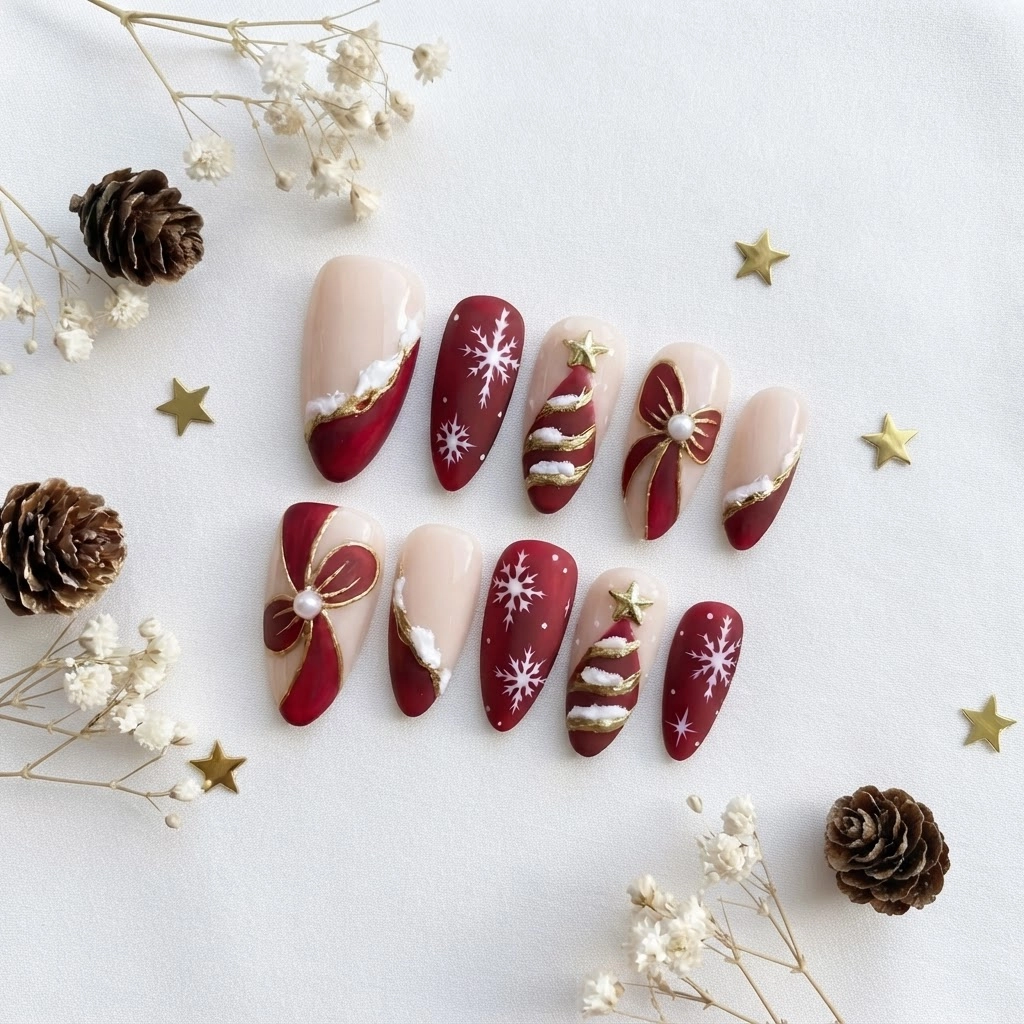 Red Christmas Tree Bow, Handmade Press On Nails, Festive Holiday Party Gift