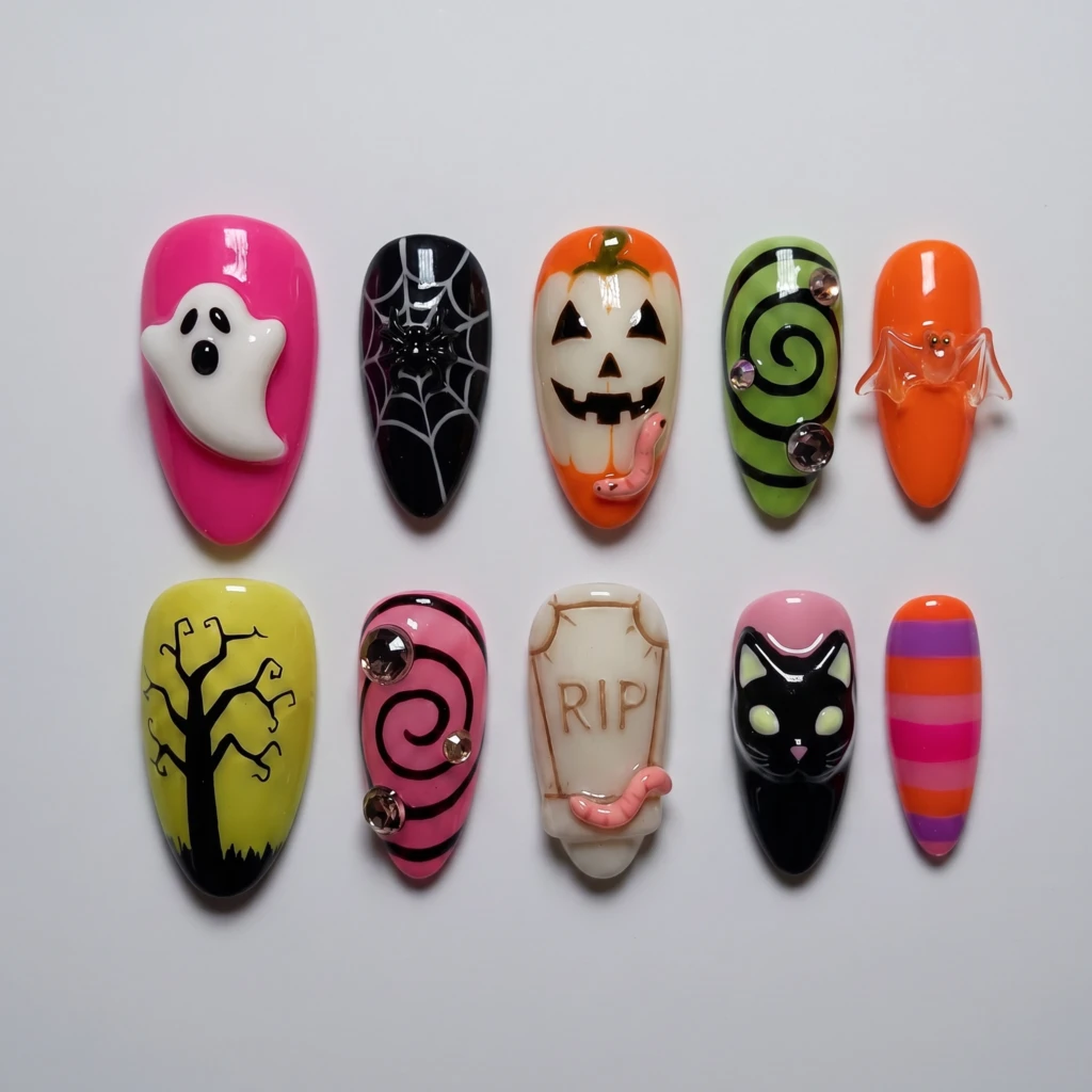 Colorful 3D Halloween Ghost Pumpkins, Press On Nails, Spooky Costume Party