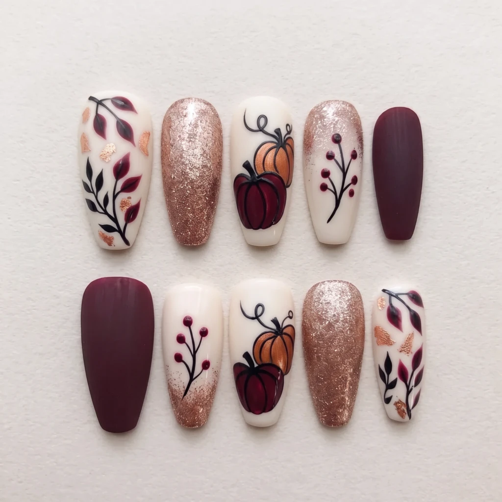 Burgundy Glitter Pumpkin Art, Handmade Press On Nails, Fall Holiday Wear