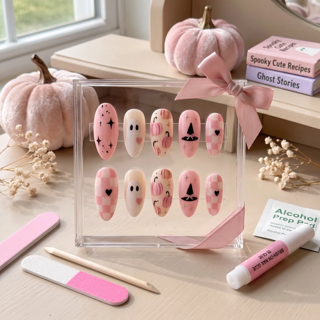 Pink Ghost Pumpkin Art, Coquette Press On Nails, Cute Halloween Party Gift