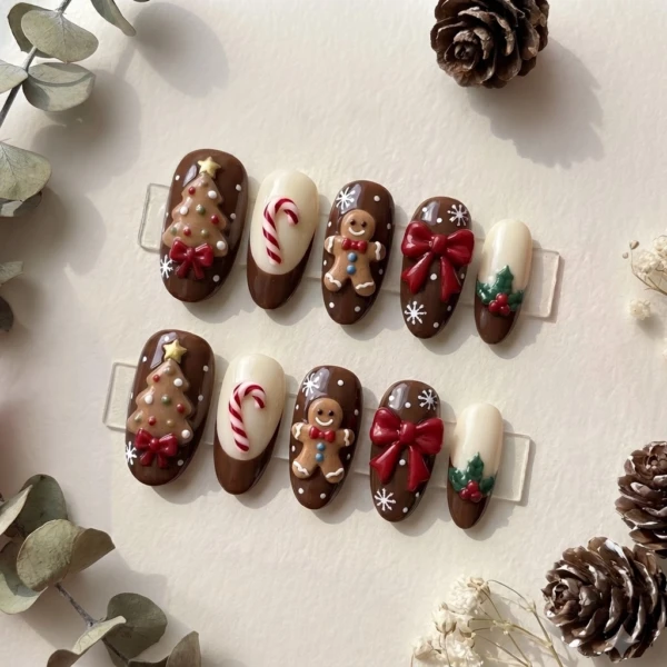 Brown Gingerbread Tree And Candy Cane Art, Press-On Nails, Holiday Party Set