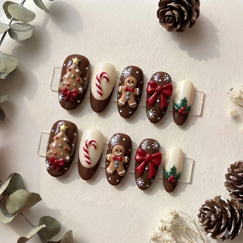 Brown Gingerbread Tree And Candy Cane Art, Press-On Nails, Holiday Party Set