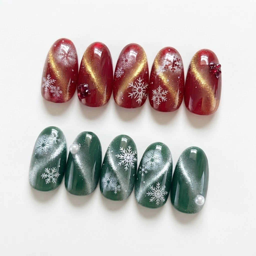 Red Green Cat Eye Snowflake, Press On Nails Set, Festive Christmas Gift