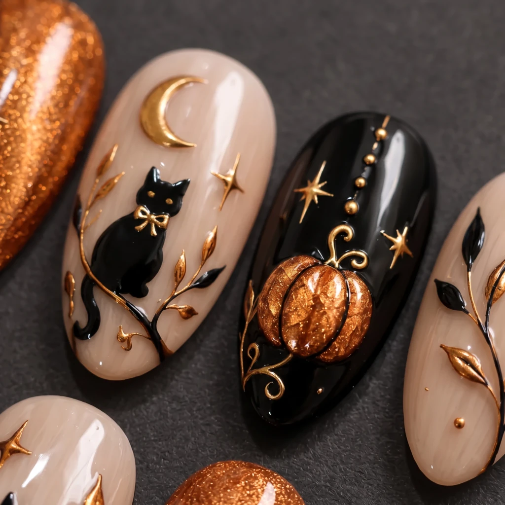 Black Copper Ghost And Pumpkin Art, Almond Press On Nails, Halloween Party