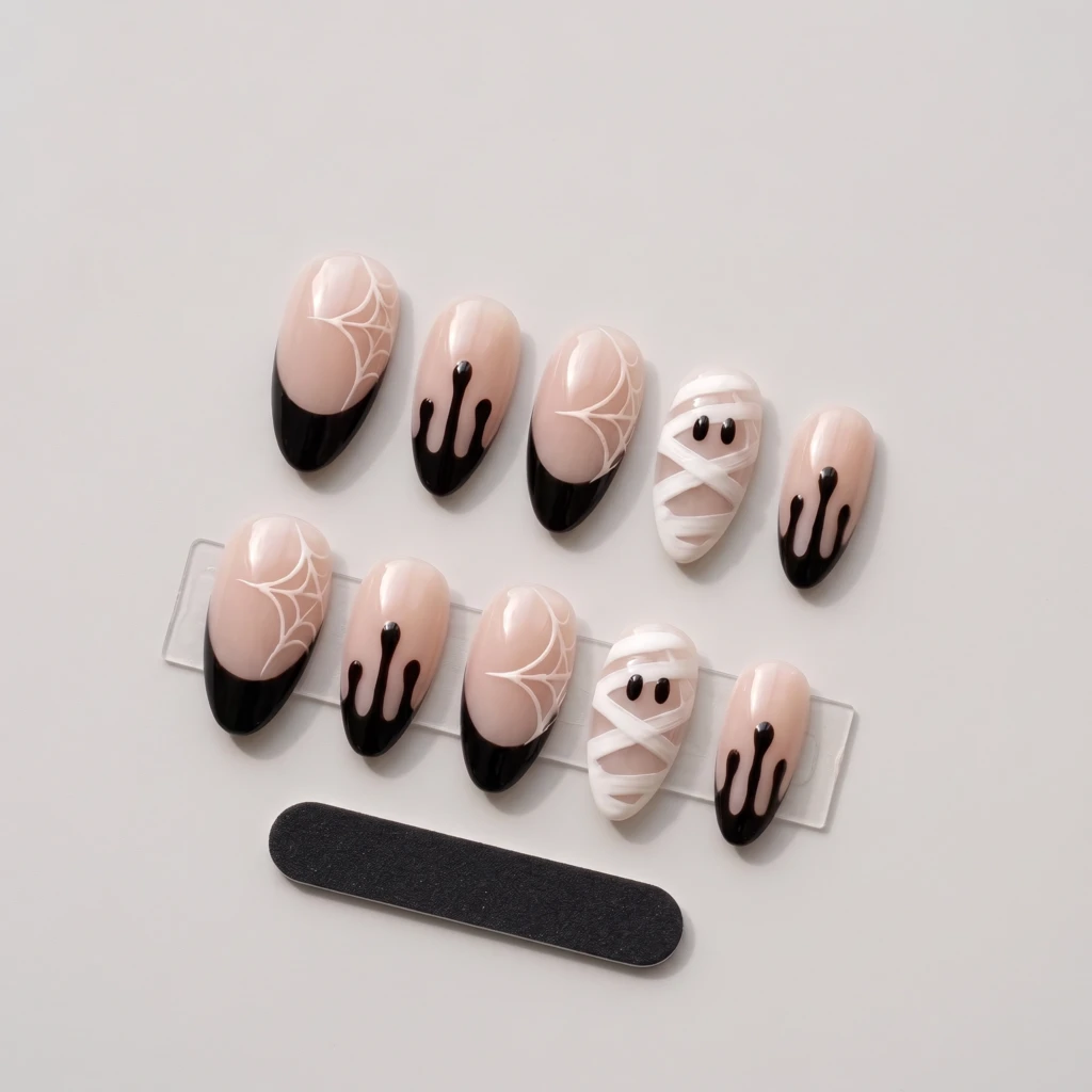 Black Mummy And Spiderweb Tips, Almond Press On Nails, Halloween Party Gift