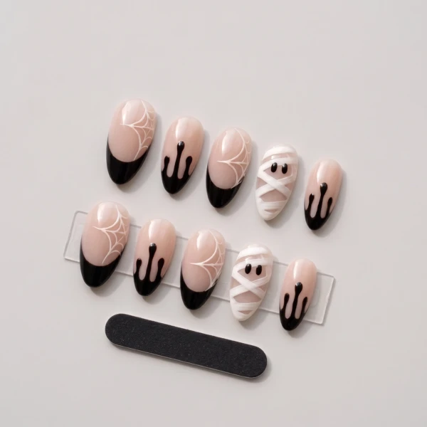 Black Mummy And Spiderweb Tips, Almond Press On Nails, Halloween Party Gift