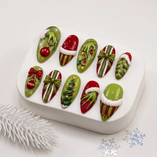 Green And Red Christmas Bow Tree Art, Press On Nails, Holiday Party Gift