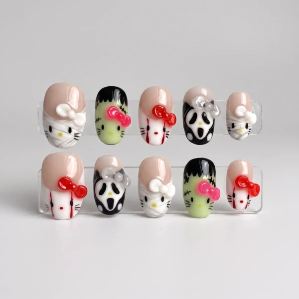 Multicolor Horror Kitty With 3D Bows, Gel Press On Nails, Halloween Gifts