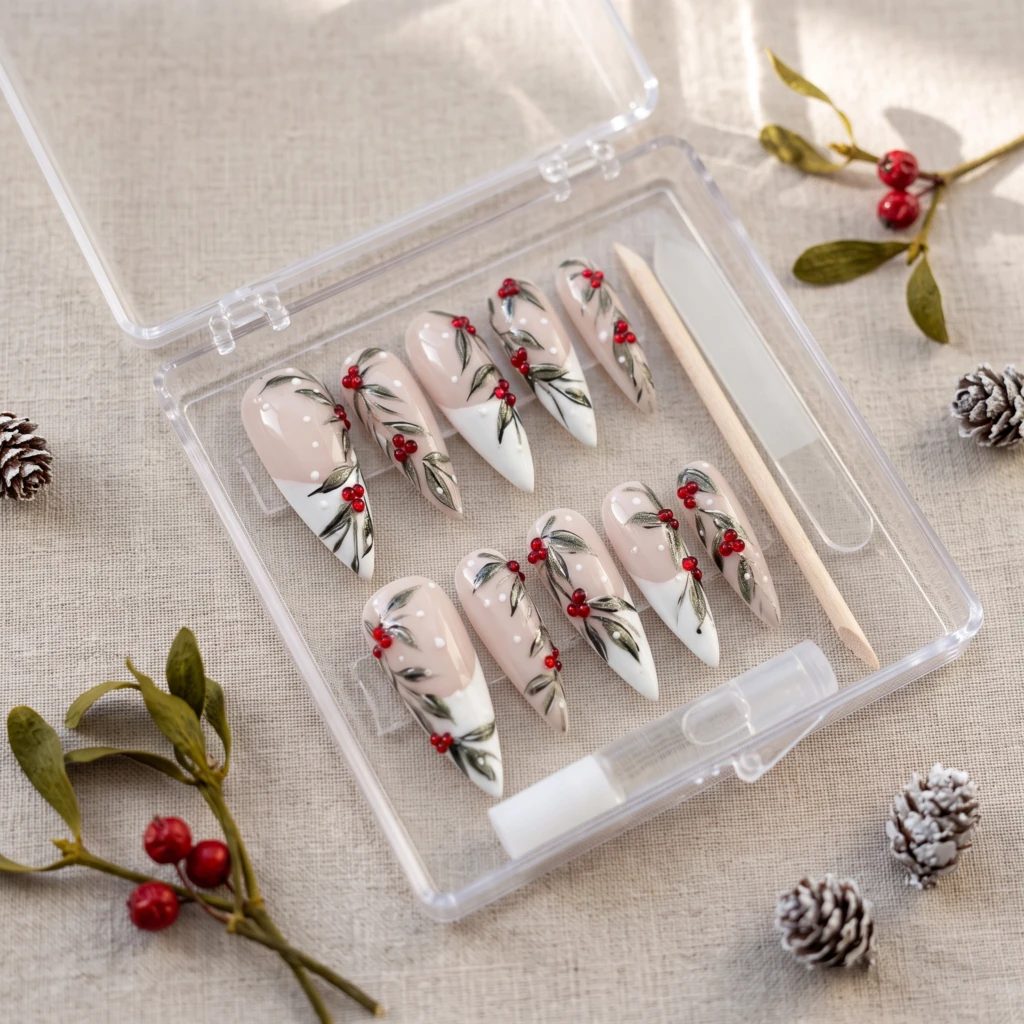 White Mistletoe Leaves, French Tip Stiletto Nails, Christmas Holiday Gift