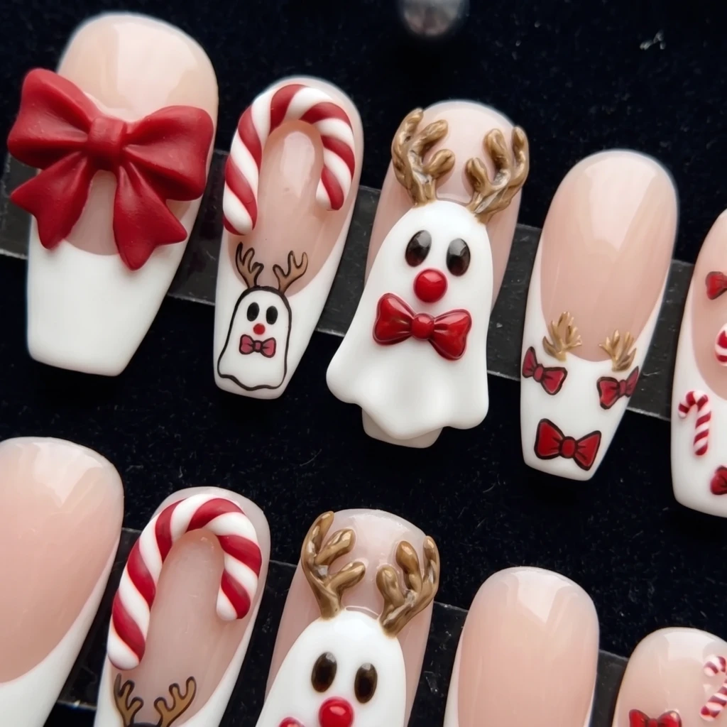 Red And White 3D Reindeer Ghost Art, Coffin Press On Nails, Christmas Party