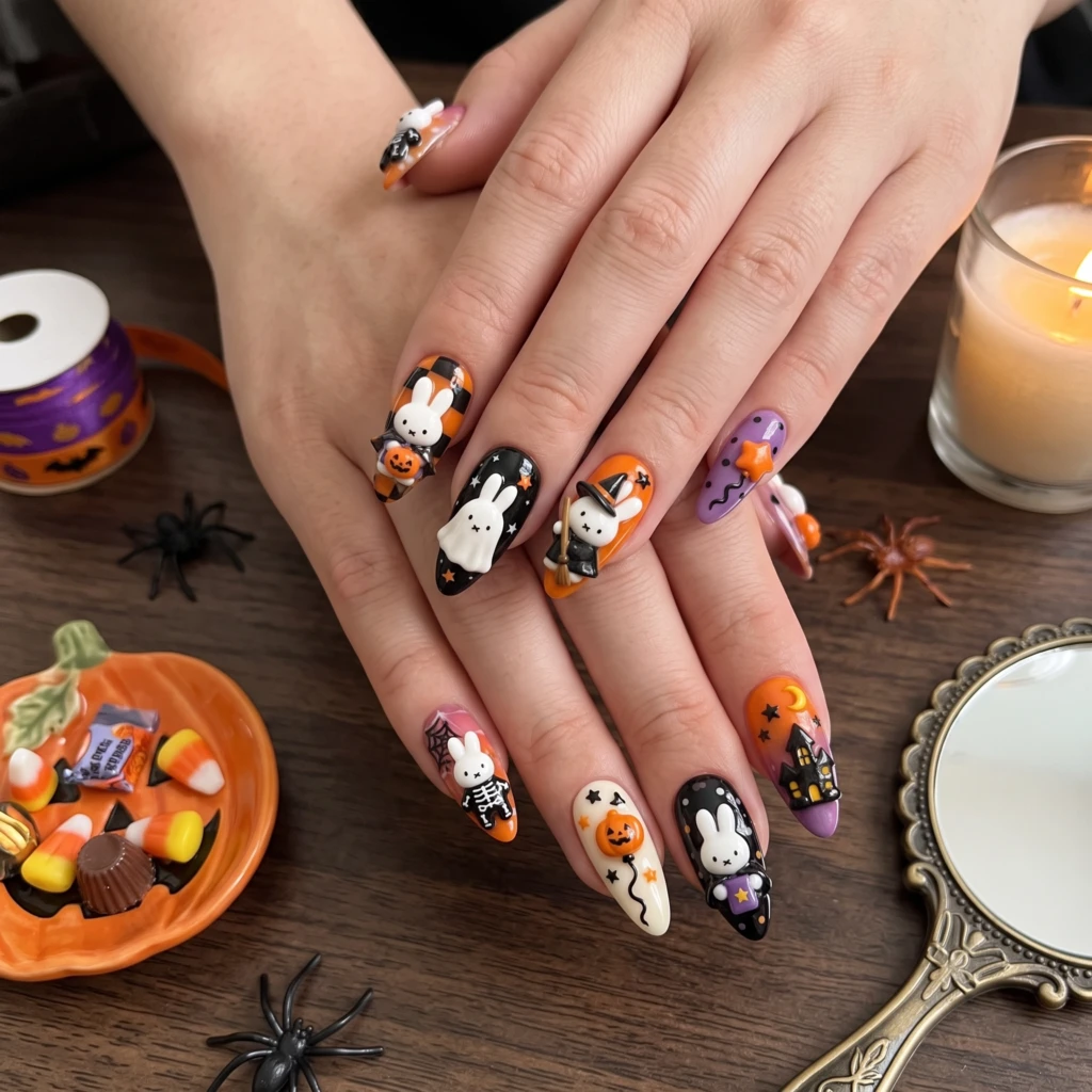 Orange Black Cute Bunny Witch, Almond Press On Nails, Halloween Party Wear