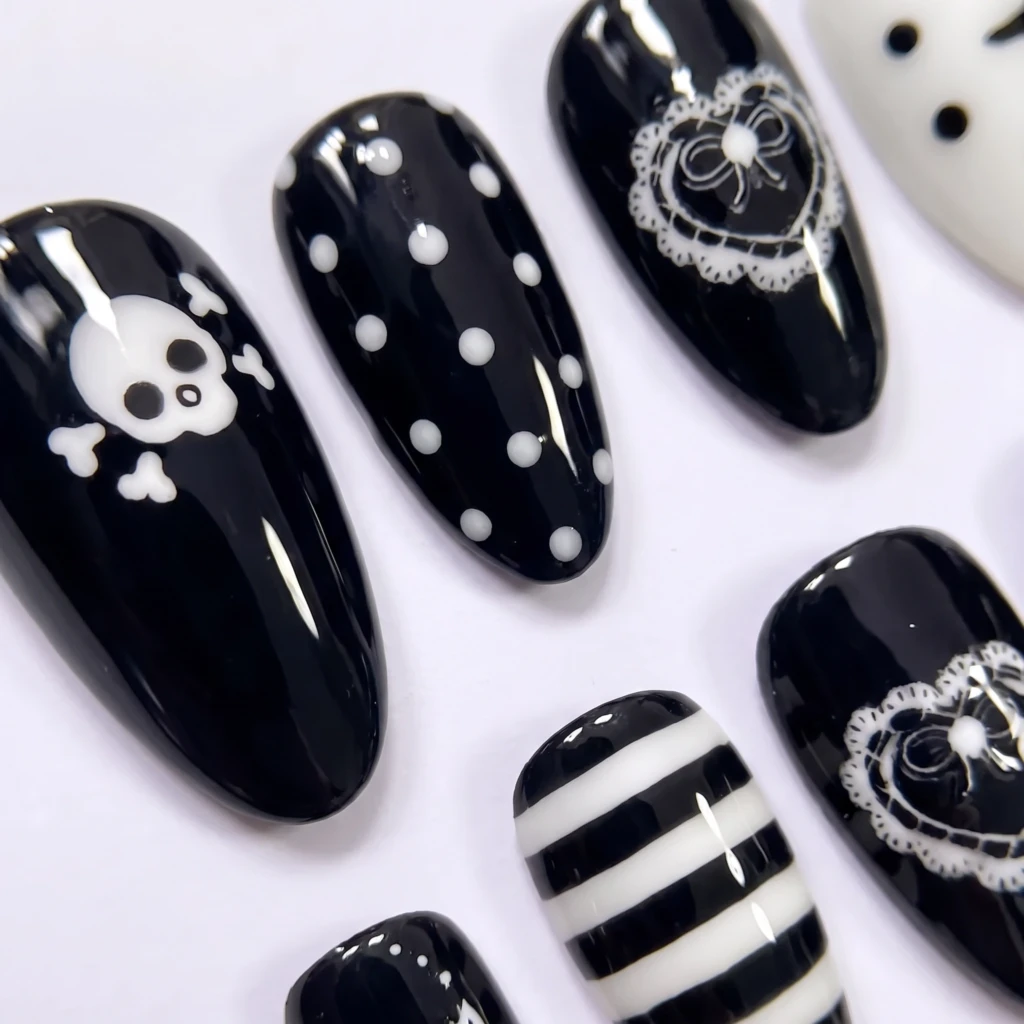 Black And White Emo Skull Lace Heart, Almond Press On Nails, Everyday Wear