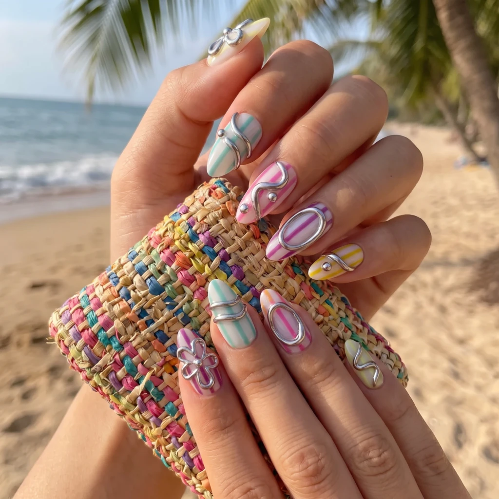Rainbow Candy Stripe 3D Chrome Nails, Press On Nails, Summer Holiday Gift