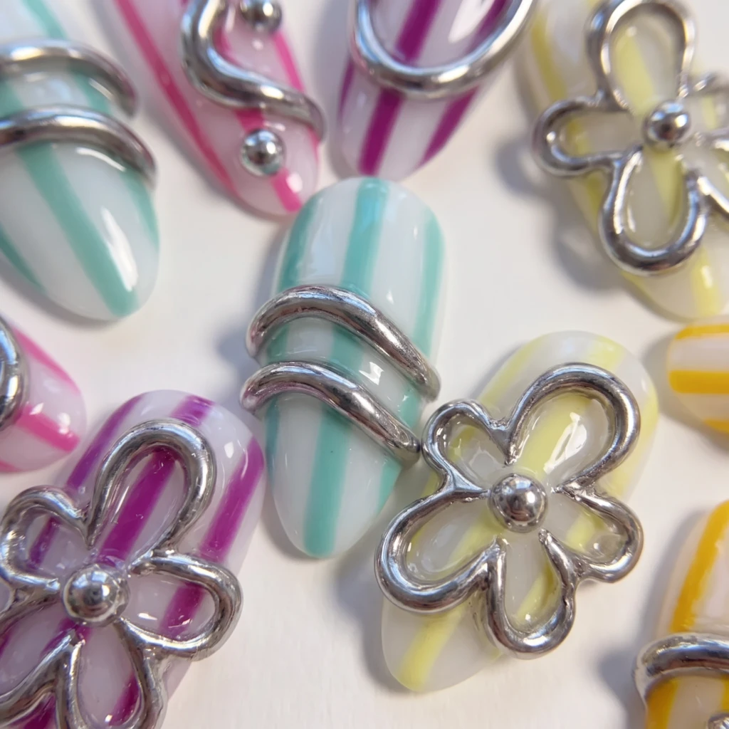 Rainbow Candy Stripe 3D Chrome Nails, Press On Nails, Summer Holiday Gift